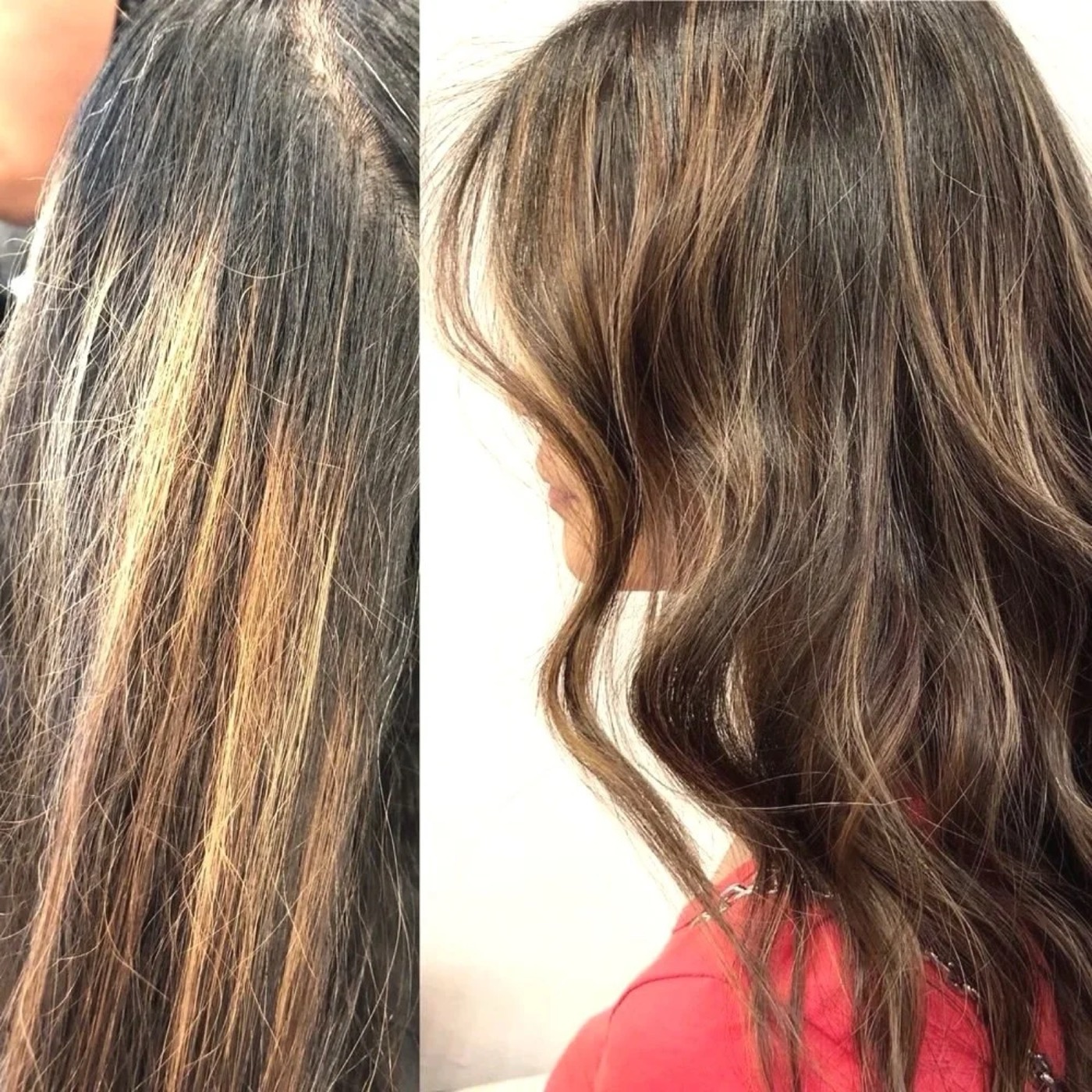 Close-up of brunette hair with caramel dimension